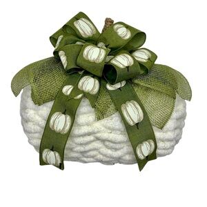 Green and White Decorative Pumpkin with Ribbon